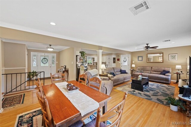 901 Green Forest Dr, Montgomery, AL 36109 - dining room featuring ornate columns, a ceiling fan, light wood finished floors, recessed lighting, and ornamental molding