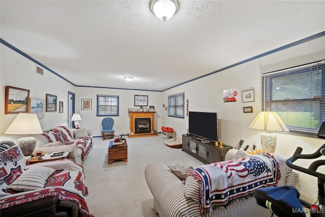 901 Green Forest Dr, Montgomery, AL 36109 - living area with a textured ceiling, carpet floors, a fireplace with raised hearth, and crown molding