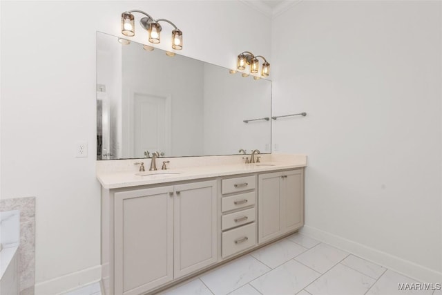 8326 Sunrise Loop, Montgomery, AL 36116 - full bathroom with double vanity, marble finish flooring, ornamental molding, and a tub