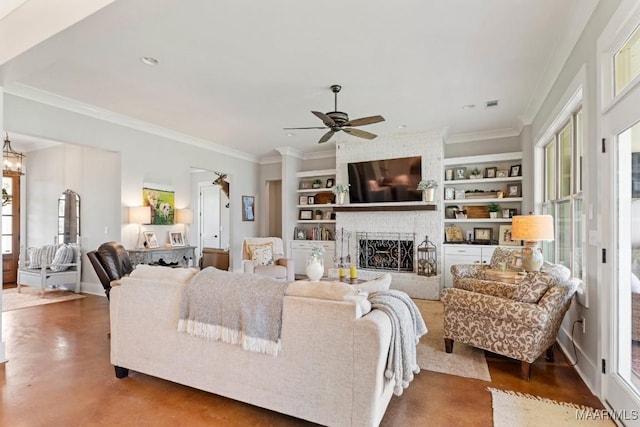 493 Lake Ridge Rd, Hope Hull, AL 36043 - living room with concrete floors, built in shelves, a ceiling fan, a brick fireplace, and ornamental molding