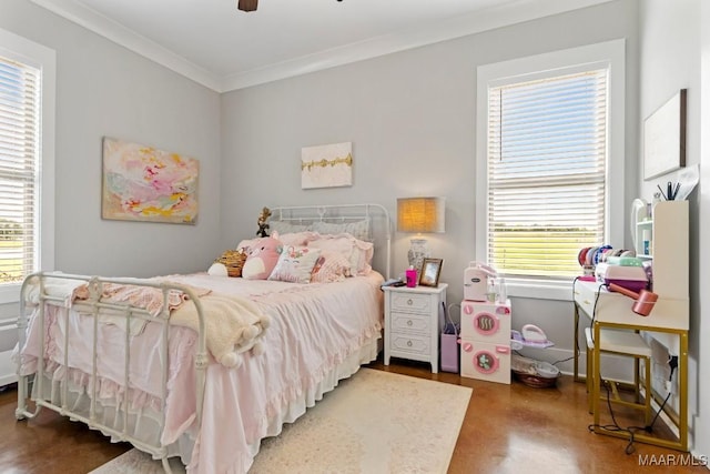 493 Lake Ridge Rd, Hope Hull, AL 36043 - bedroom with crown molding, concrete flooring, and ceiling fan