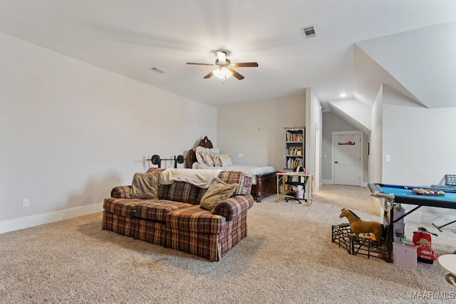 493 Lake Ridge Rd, Hope Hull, AL 36043 - bedroom with light colored carpet, vaulted ceiling, and ceiling fan