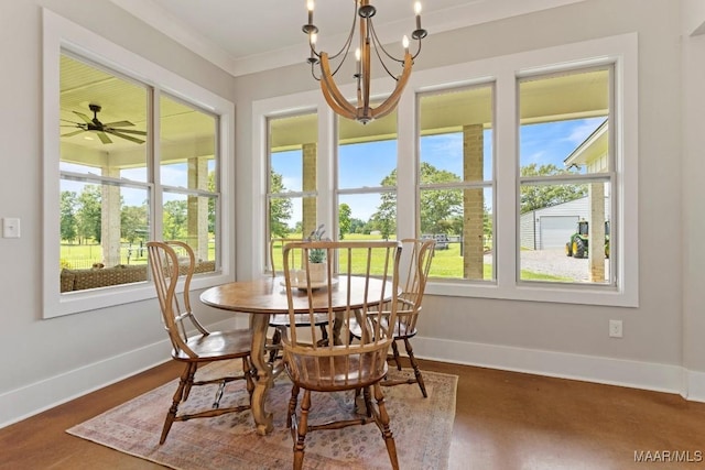 493 Lake Ridge Rd, Hope Hull, AL 36043 - dining room with plenty of natural light, a chandelier, wood finished floors, and crown molding