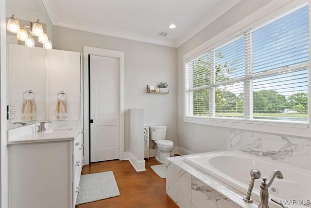 493 Lake Ridge Rd, Hope Hull, AL 36043 - bathroom with vanity, a garden tub, finished concrete floors, crown molding, and recessed lighting