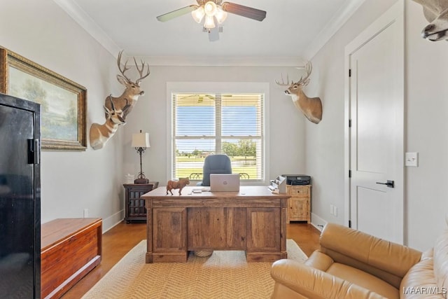493 Lake Ridge Rd, Hope Hull, AL 36043 - office area with light wood-type flooring, a ceiling fan, and ornamental molding