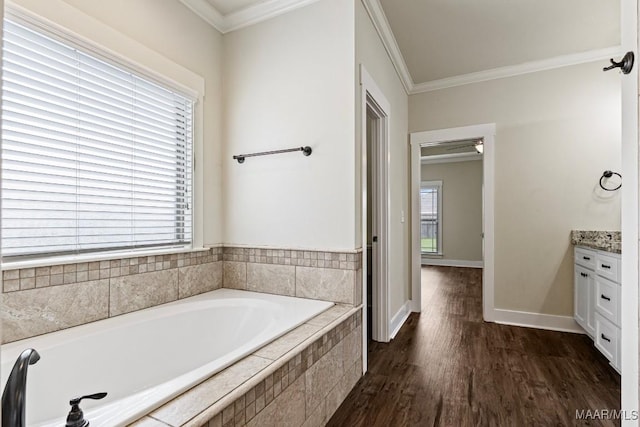 12 Crescent Ridge Ct, Deatsville, AL 36022 - full bathroom featuring ornamental molding, a bath, vanity, and wood finished floors