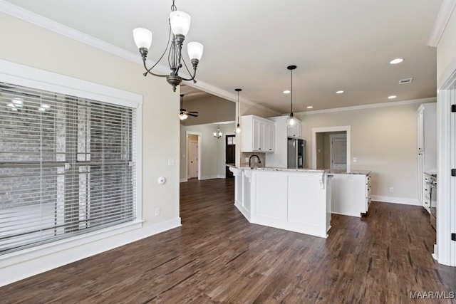 12 Crescent Ridge Ct, Deatsville, AL 36022 - kitchen featuring a chandelier, stainless steel refrigerator with ice dispenser, white cabinetry, crown molding, and light stone countertops