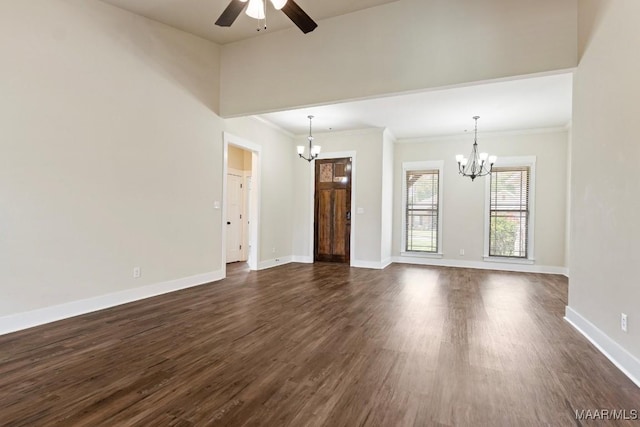 12 Crescent Ridge Ct, Deatsville, AL 36022 - unfurnished living room with a chandelier, ceiling fan, dark wood finished floors, and ornamental molding