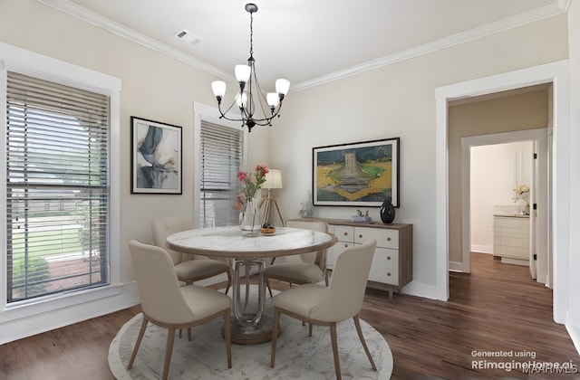 12 Crescent Ridge Ct, Deatsville, AL 36022 - dining room with a chandelier, crown molding, and dark wood-type flooring