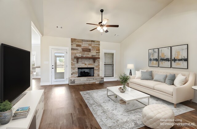 12 Crescent Ridge Ct, Deatsville, AL 36022 - living area with ceiling fan, high vaulted ceiling, a fireplace, and dark wood finished floors