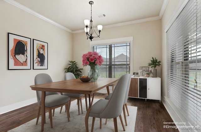 12 Crescent Ridge Ct, Deatsville, AL 36022 - dining space with a chandelier, ornamental molding, and dark wood-type flooring