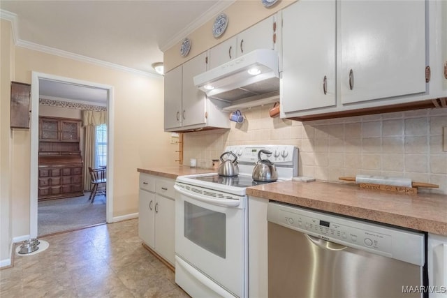 3748 Jasmine Hill Rd, Wetumpka, AL 36093 - kitchen featuring dishwasher, white electric range oven, under cabinet range hood, ornamental molding, and white cabinetry