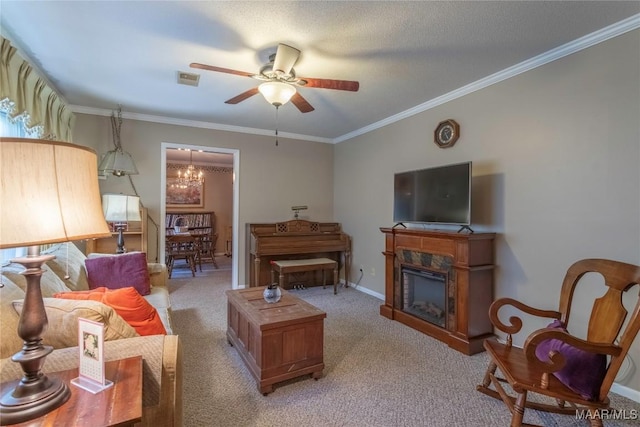 3748 Jasmine Hill Rd, Wetumpka, AL 36093 - living room featuring a ceiling fan, crown molding, light carpet, and a glass covered fireplace