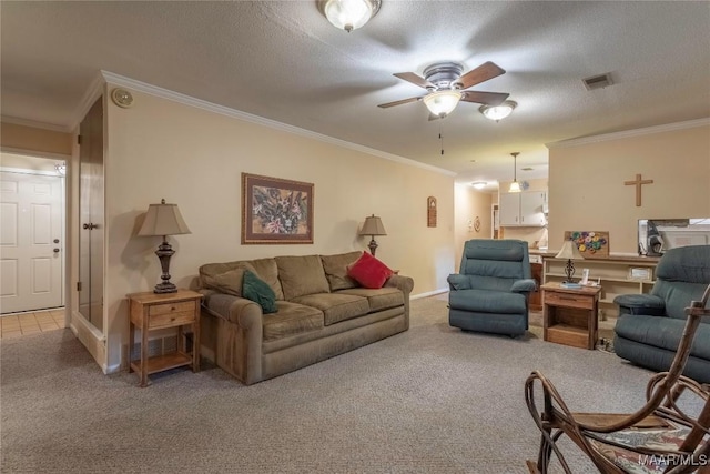 3748 Jasmine Hill Rd, Wetumpka, AL 36093 - living room featuring light carpet, a ceiling fan, and crown molding
