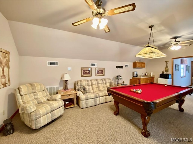 5240 Airport Rd, Millbrook, AL 36054 - rec room featuring vaulted ceiling, ceiling fan, carpet floors, and pool table