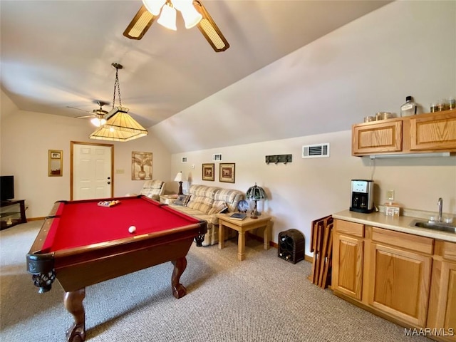 5240 Airport Rd, Millbrook, AL 36054 - playroom featuring ceiling fan, light colored carpet, lofted ceiling, and billiards table
