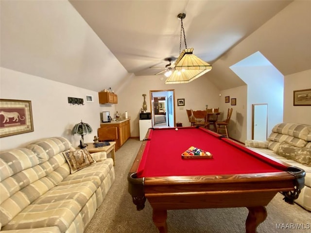 5240 Airport Rd, Millbrook, AL 36054 - rec room featuring light colored carpet, lofted ceiling, billiards, and ceiling fan