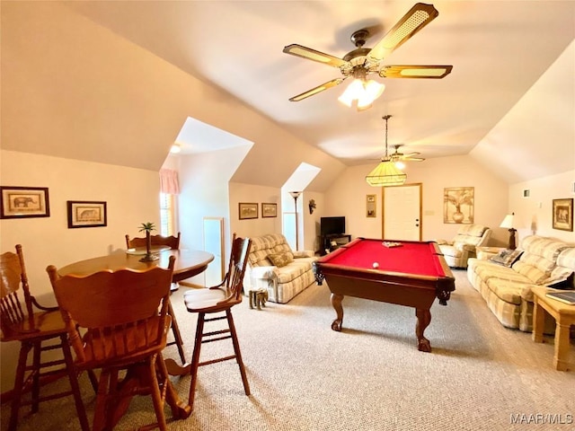 5240 Airport Rd, Millbrook, AL 36054 - rec room featuring lofted ceiling, billiards table, carpet, and a ceiling fan