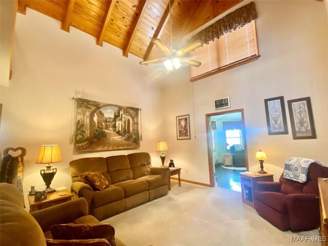 5240 Airport Rd, Millbrook, AL 36054 - carpeted living room with a wood ceiling with exposed beams, high vaulted ceiling, and a ceiling fan