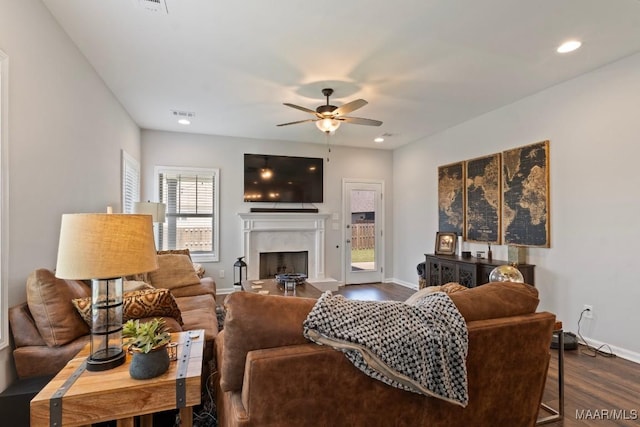 904 Hedgefield Way, Prattville, AL 36066 - living room with ceiling fan, a high end fireplace, dark wood-style flooring, and recessed lighting