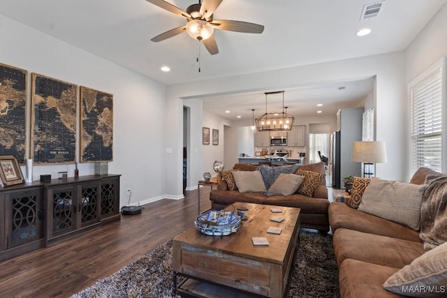 904 Hedgefield Way, Prattville, AL 36066 - living room with dark wood finished floors, healthy amount of natural light, a ceiling fan, and recessed lighting