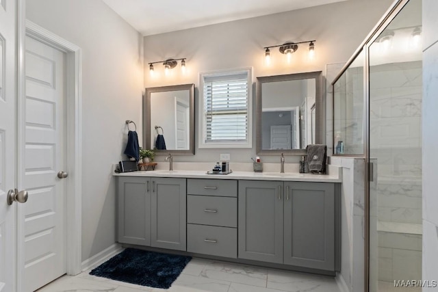 904 Hedgefield Way, Prattville, AL 36066 - bathroom featuring marble look tiles, double vanity, and a shower stall