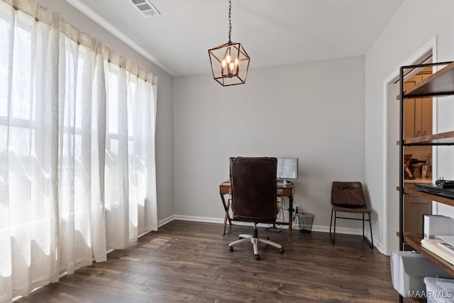904 Hedgefield Way, Prattville, AL 36066 - home office with dark wood-style floors and a chandelier