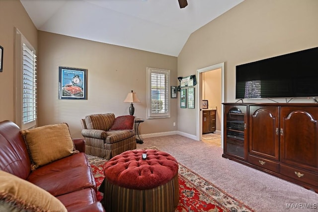 8612 Birchwood Ct, Montgomery, AL 36116 - living room with lofted ceiling, light colored carpet, and ceiling fan