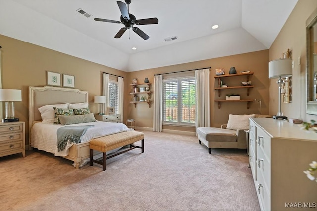 8612 Birchwood Ct, Montgomery, AL 36116 - bedroom featuring light colored carpet, lofted ceiling, a ceiling fan, and recessed lighting