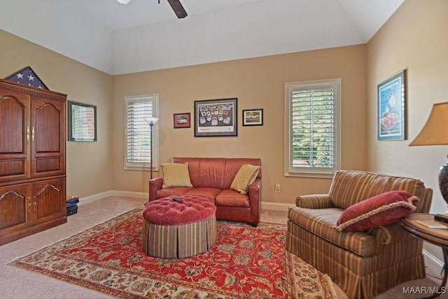 8612 Birchwood Ct, Montgomery, AL 36116 - living area with vaulted ceiling, carpet floors, and a ceiling fan