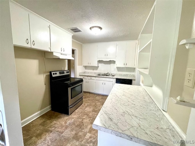 2441 Spruce Curv, Montgomery, AL 36107 - kitchen featuring stainless steel electric stove, under cabinet range hood, white cabinetry, a textured ceiling, and dishwasher