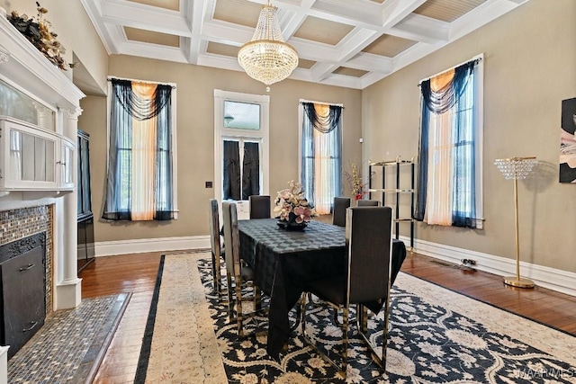 1802 Madison Ave, Montgomery, AL 36107 - dining area with dark wood-style flooring, a chandelier, beamed ceiling, a fireplace, and coffered ceiling