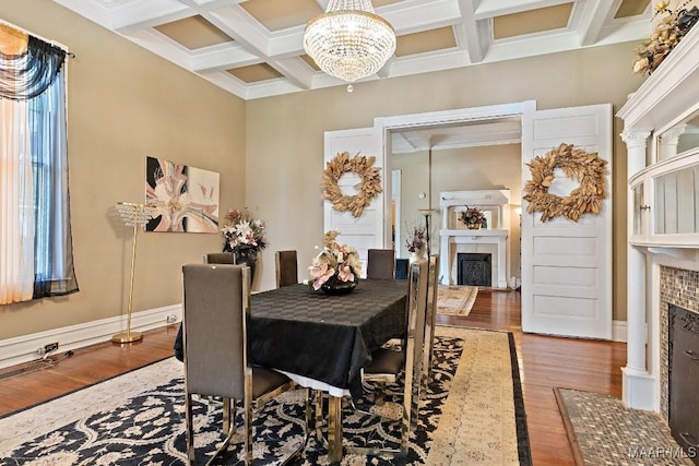 1802 Madison Ave, Montgomery, AL 36107 - dining room with a tile fireplace, coffered ceiling, a chandelier, wood finished floors, and beamed ceiling