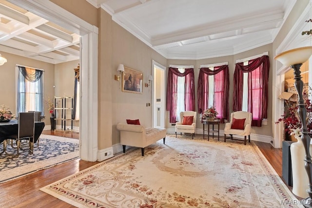 1802 Madison Ave, Montgomery, AL 36107 - living area with coffered ceiling, wood finished floors, beamed ceiling, and crown molding