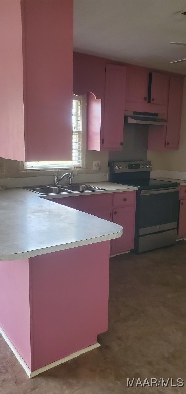 421 Jeffrey Dr, Montgomery, AL 36108 - kitchen featuring stainless steel electric range oven, light countertops, under cabinet range hood, and a peninsula