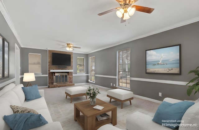 508 Ridgewood Ln, Montgomery, AL 36109 - living area featuring a ceiling fan, ornamental molding, a brick fireplace, and carpet flooring