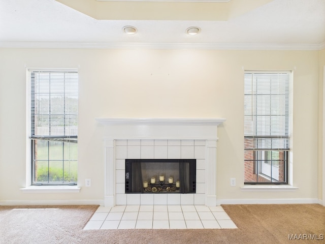 508 Mossy Oak Rdg, Prattville, AL 36066 - detailed view of carpet flooring, crown molding, a tiled fireplace, and recessed lighting
