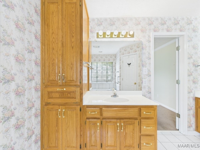 508 Mossy Oak Rdg, Prattville, AL 36066 - bathroom with wallpapered walls, vanity, and tile patterned floors