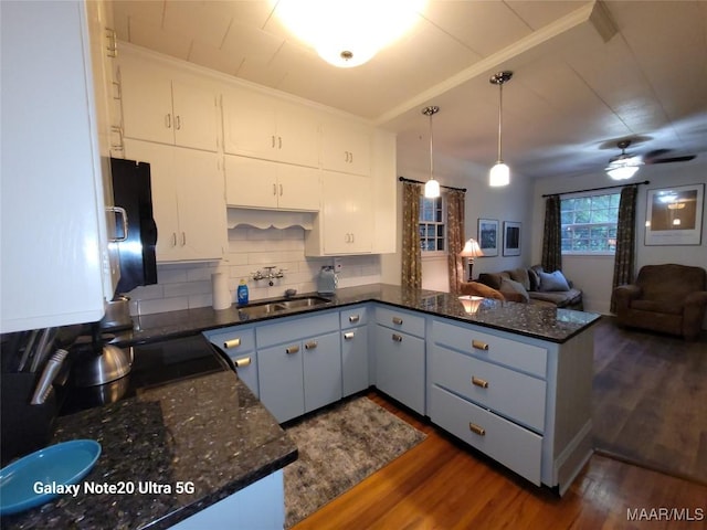 1928 Winona Ave, Montgomery, AL 36107 - kitchen with dark wood-style floors, a peninsula, open floor plan, decorative backsplash, and white cabinets