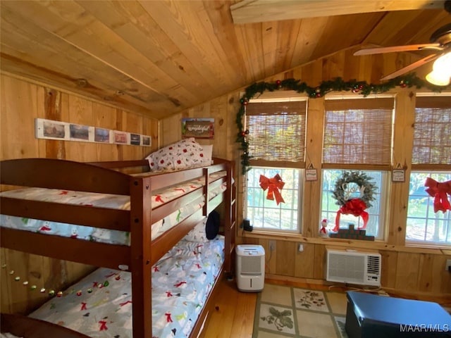 1651 Tawassee Pointe Dr, Lowndesboro, AL 36752 - bedroom with vaulted ceiling, wooden walls, wooden ceiling, tile patterned floors, and a wall unit AC