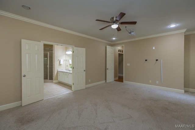 240 Winding Wood Dr, Wetumpka, AL 36093 - unfurnished bedroom featuring crown molding, light colored carpet, ensuite bathroom, recessed lighting, and ceiling fan