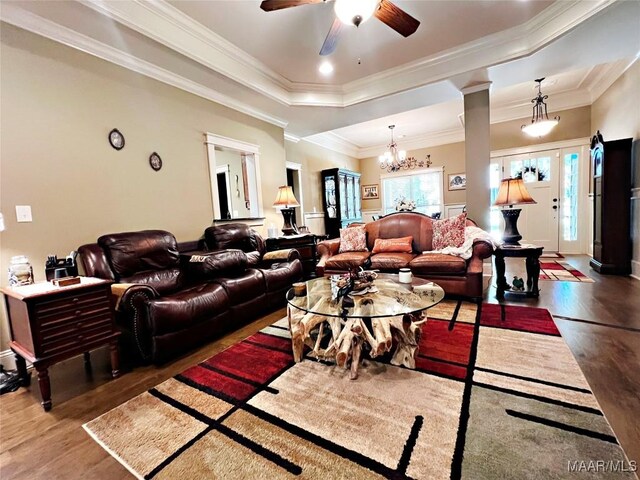 309 Southern Hills Dr, Wetumpka, AL 36093 - living room with wood finished floors, plenty of natural light, a chandelier, a ceiling fan, and crown molding