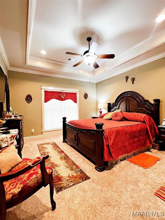 309 Southern Hills Dr, Wetumpka, AL 36093 - bedroom with a raised ceiling, carpet flooring, crown molding, and a ceiling fan