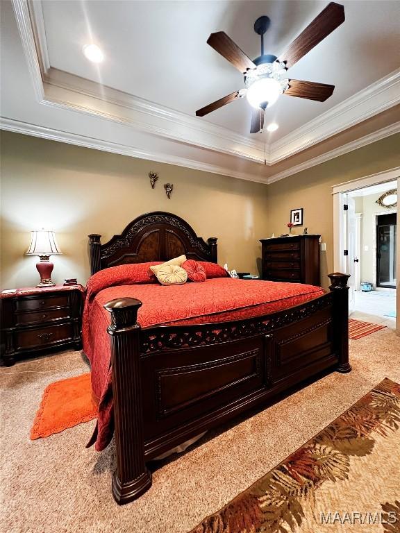 309 Southern Hills Dr, Wetumpka, AL 36093 - bedroom with light carpet, a raised ceiling, crown molding, and a ceiling fan
