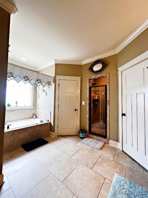 309 Southern Hills Dr, Wetumpka, AL 36093 - full bath with a garden tub, ornamental molding, and a stall shower