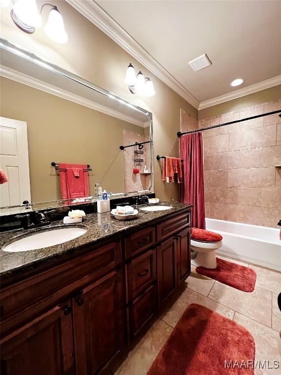 309 Southern Hills Dr, Wetumpka, AL 36093 - full bath featuring double vanity, shower / bath combination with curtain, tile patterned flooring, and ornamental molding
