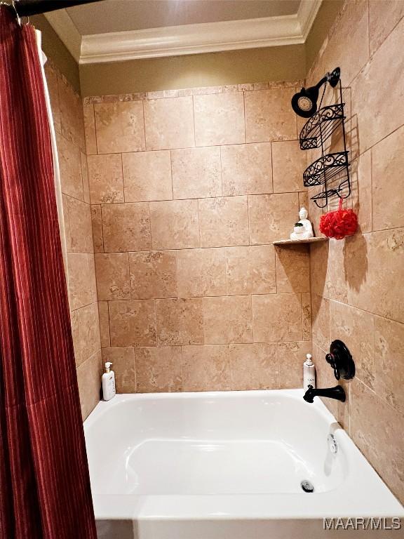 309 Southern Hills Dr, Wetumpka, AL 36093 - bathroom featuring ornamental molding and shower / bath combo with shower curtain