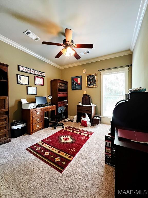 309 Southern Hills Dr, Wetumpka, AL 36093 - carpeted office space featuring a ceiling fan and ornamental molding