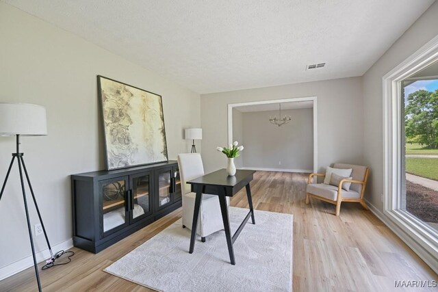5010 Redland Rd, Wetumpka, AL 36093 - home office with a chandelier, light wood-style floors, and a textured ceiling