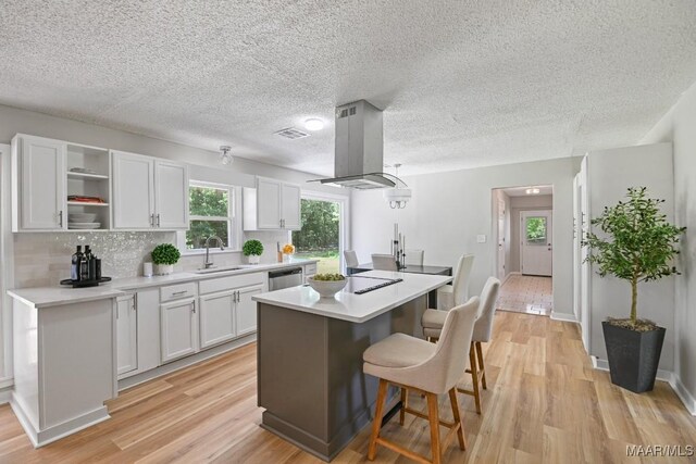 5010 Redland Rd, Wetumpka, AL 36093 - kitchen featuring island range hood, stainless steel dishwasher, a center island, open shelves, and white cabinets